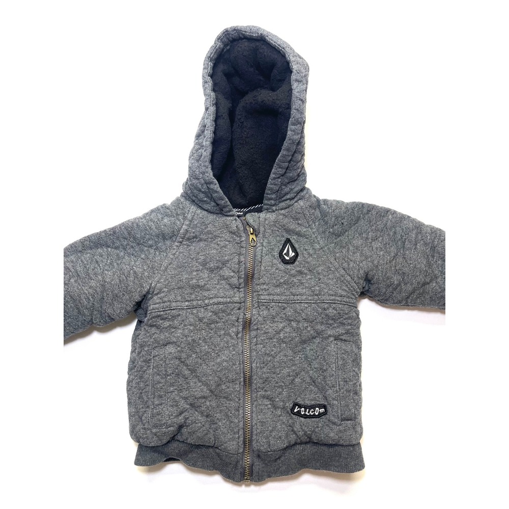 Volcom Toddler Boys Grey Quilted Faux Fur Lined Hooded Skater Jacket 18M 0392
